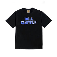 Load image into Gallery viewer, Stingwater &quot;Do a Candyflip&quot; T-shirt in black with bold blue font and white icy snow capped letters
