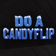 Load image into Gallery viewer, Stingwater &quot;Do a Candyflip&quot; T-shirt in black with bold blue font and white icy snow capped letters
