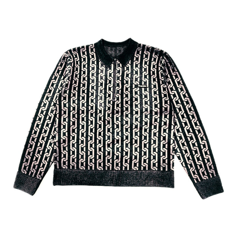 Collared Half Zip Jacquard Chain Sweater Black – stingwater