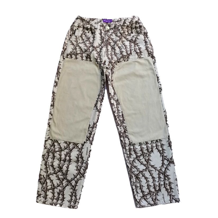 Vegan Suede Double Knee Canvas Pants Thorn Print White